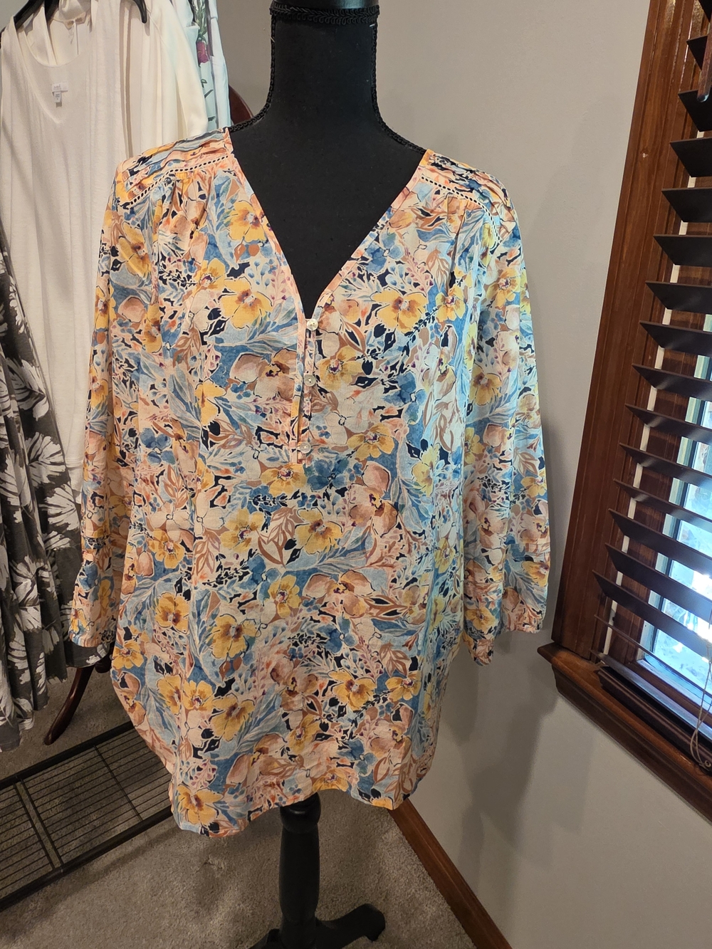 J. Jill Floral V-Neck Blouse in Yellow and Blue
